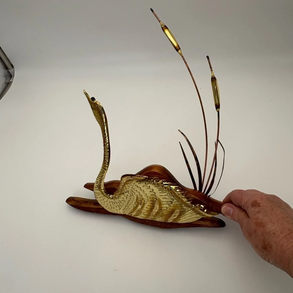 Mid-century Modern Brass and Copper Swan and Cattails Wall Art
